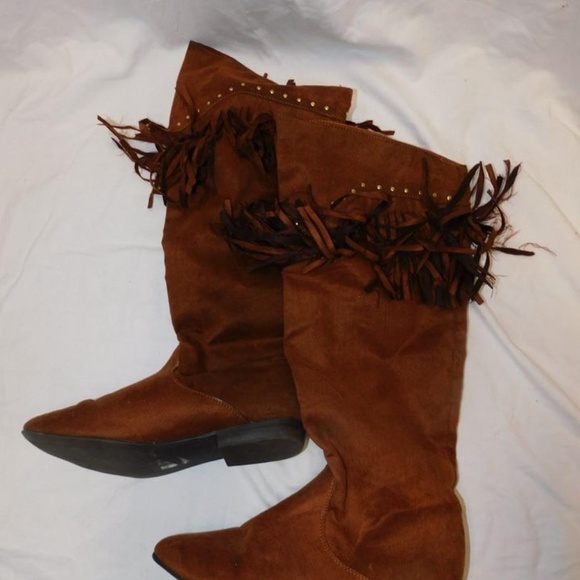 Brown Suede Western Fringe Knee-High Boots (Size 6.5 Women's) - Picture 2 of 2